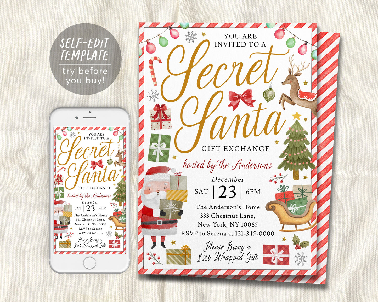 Secret Santa Gift Exchange Invitation Editable Template, Christmas Gift Swap Party Invite, Holiday Party For Kids Printable, Winter Evite