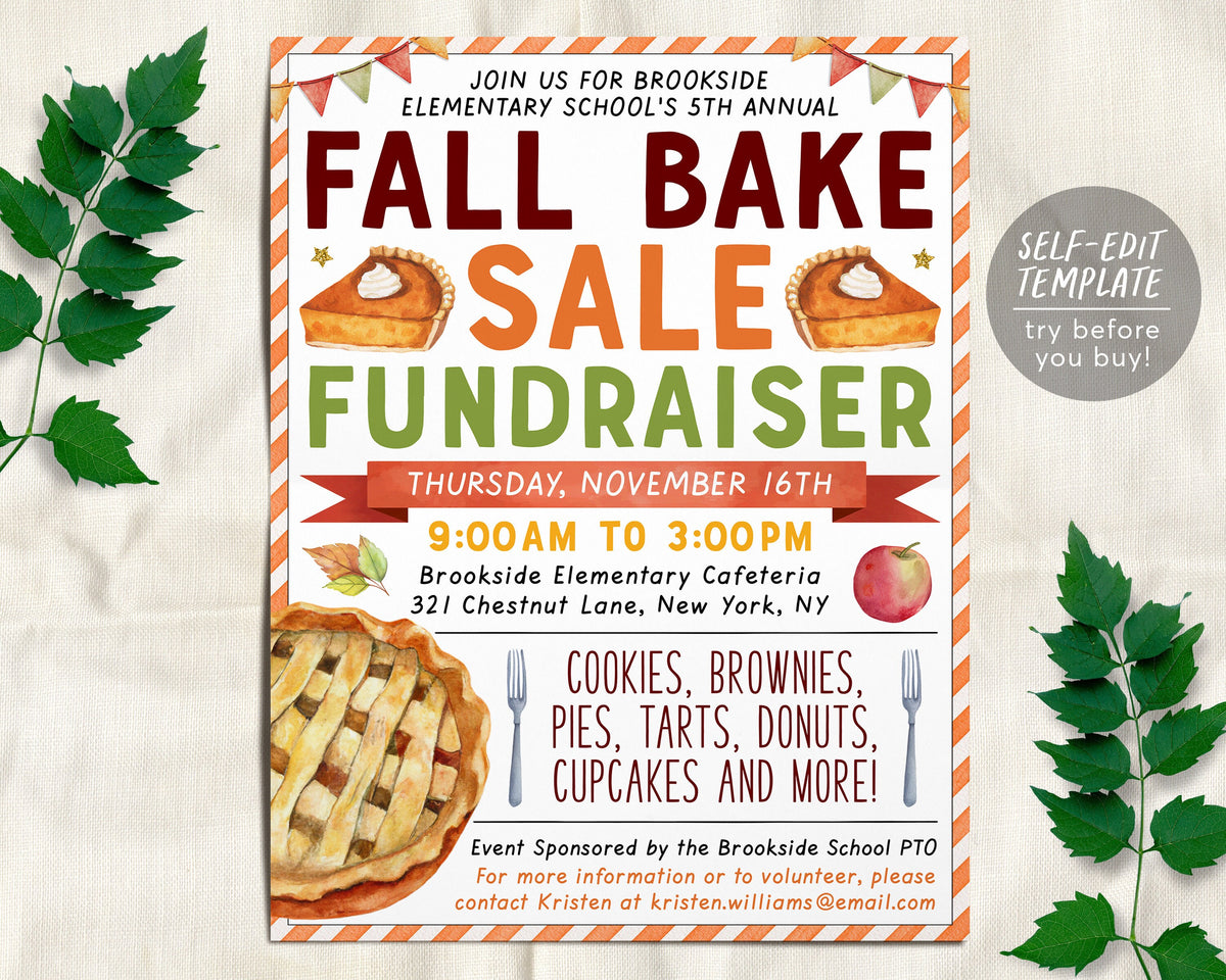 Fall Bake Off Events Fall Bake Sale Fundraiser Flyer Editable Template, Thanksgiving Pie Fa ...
