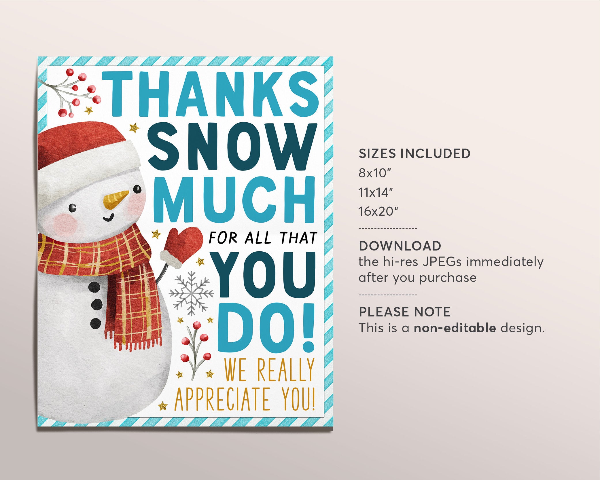 thank you snow much for all you do appreciation sign printable, christmas  winter snowman party poster, staff employee teacher holiday decor