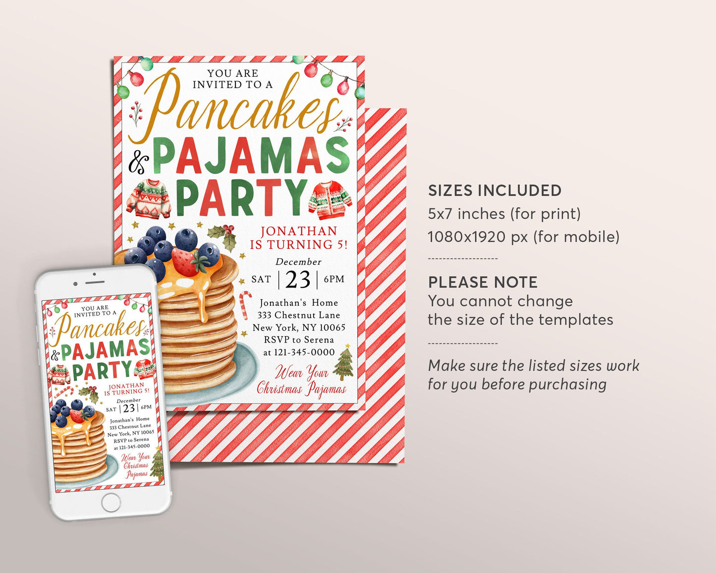 Pancakes And Pajamas Party Birthday Invitation Editable Template, Christmas Breakfast Party Invite, Breakfast with Santa Holiday PJs Brunch