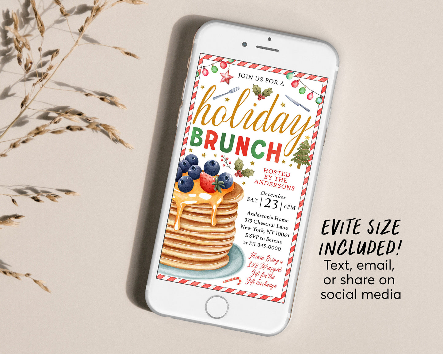 Holiday Brunch Invitation Editable Template, Christmas Breakfast Pancakes Party Invite For Family Teacher Staff Appreciation Evite Printable