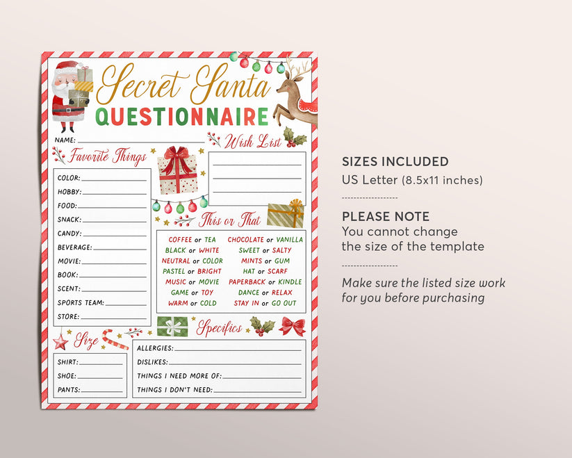 Secret Santa Gift Exchange Questionnaire Editable Template, Holiday Ch ...