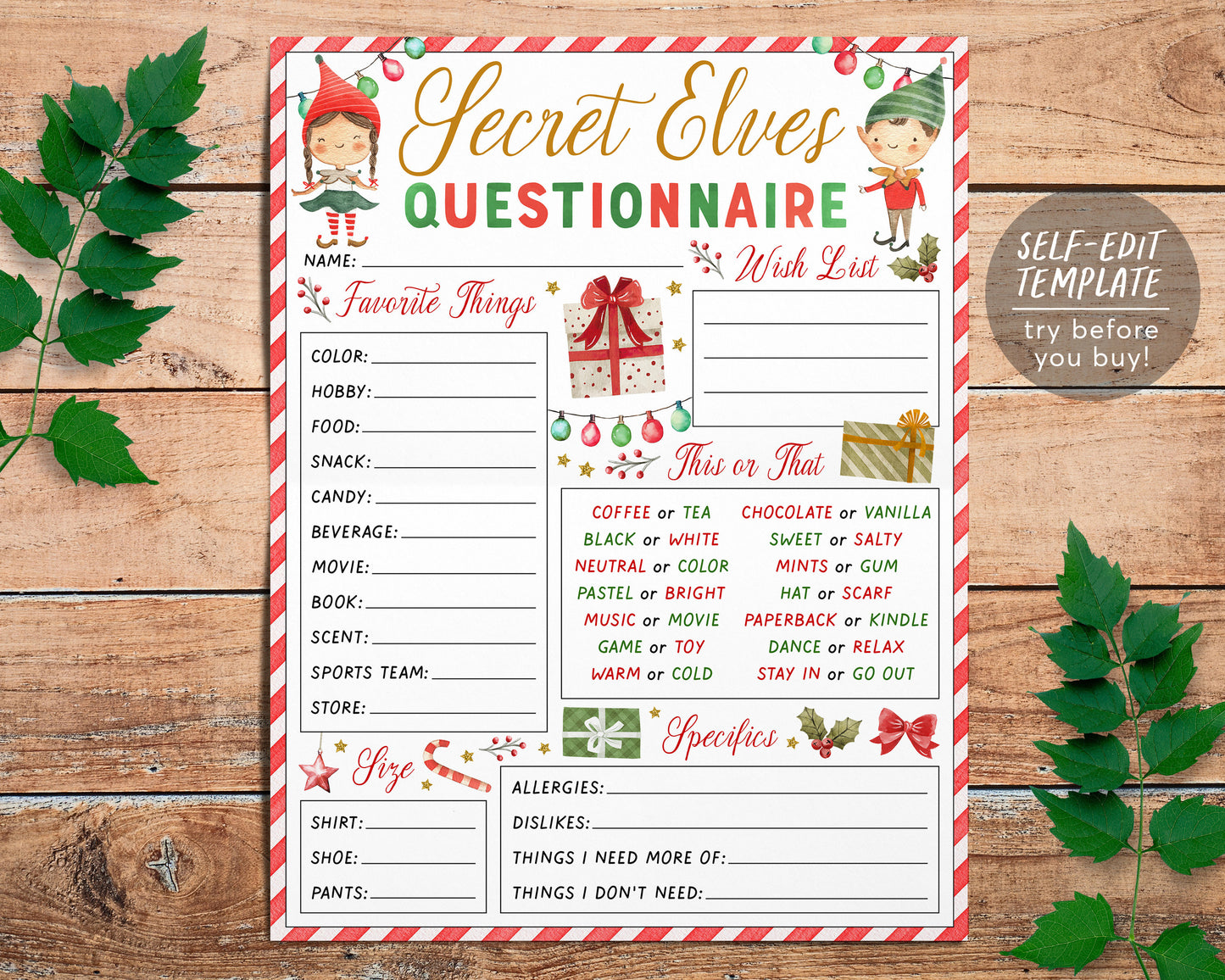 Secret Elves Gift Exchange Questionnaire Editable Template, Secret Elf Santa Holiday Christmas Gift Exchange Form Wish List, Work Office