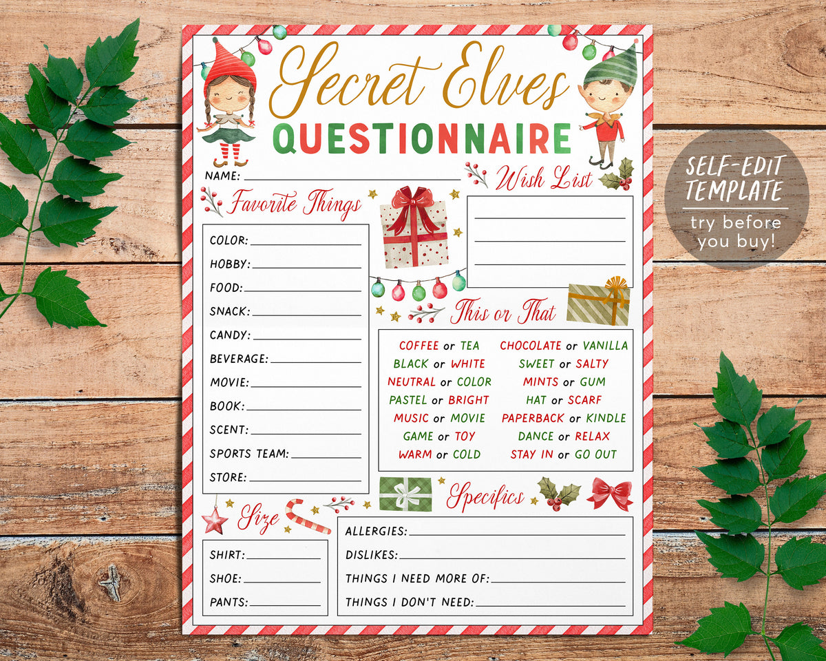 Elf Secret Code Secret Elves Gift Exchange Questionnaire Editable Template, Secret Elf ...
