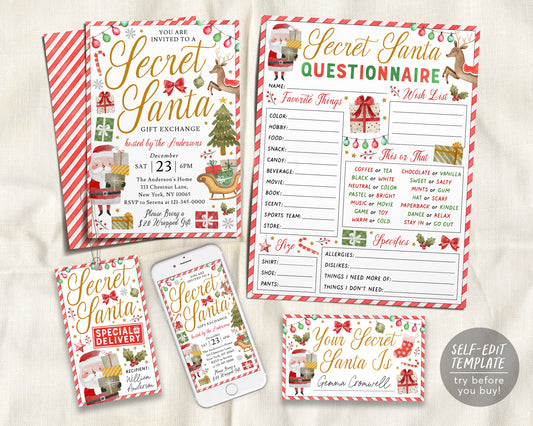 Secret Santa BUNDLE Kit Printable Editable Template, Secret Santa Invitation Evite Questionnaire Game Exchange Forms, Secret Santa Gift Tags