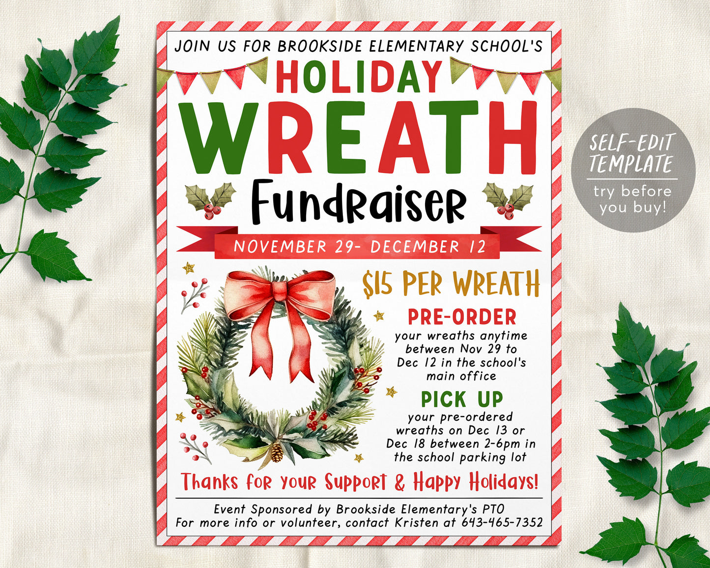 Christmas Wreath Fundraiser Flyer Editable Template