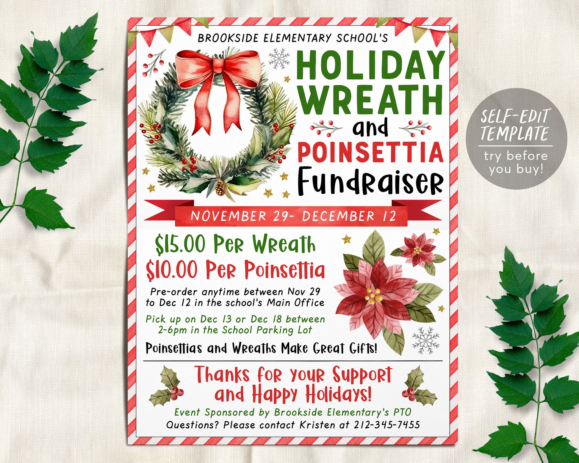 Poinsettia and Holiday Wreath Fundraiser Flyer Editable Template