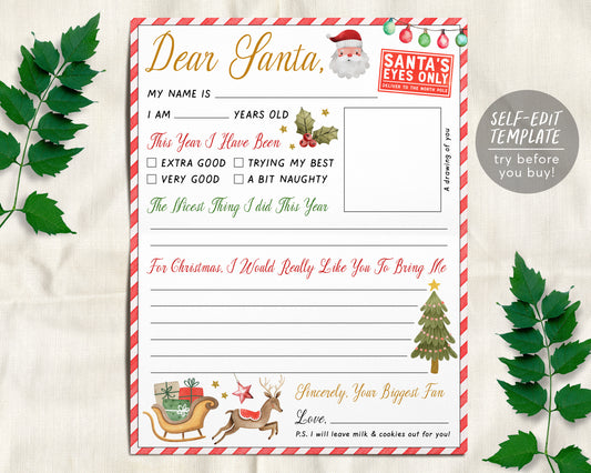 Letter to Santa Editable Template, Christmas Holidays Wish List for Kids, Personalized Dear Santa Letter, Christmas Traditions Activity Mail