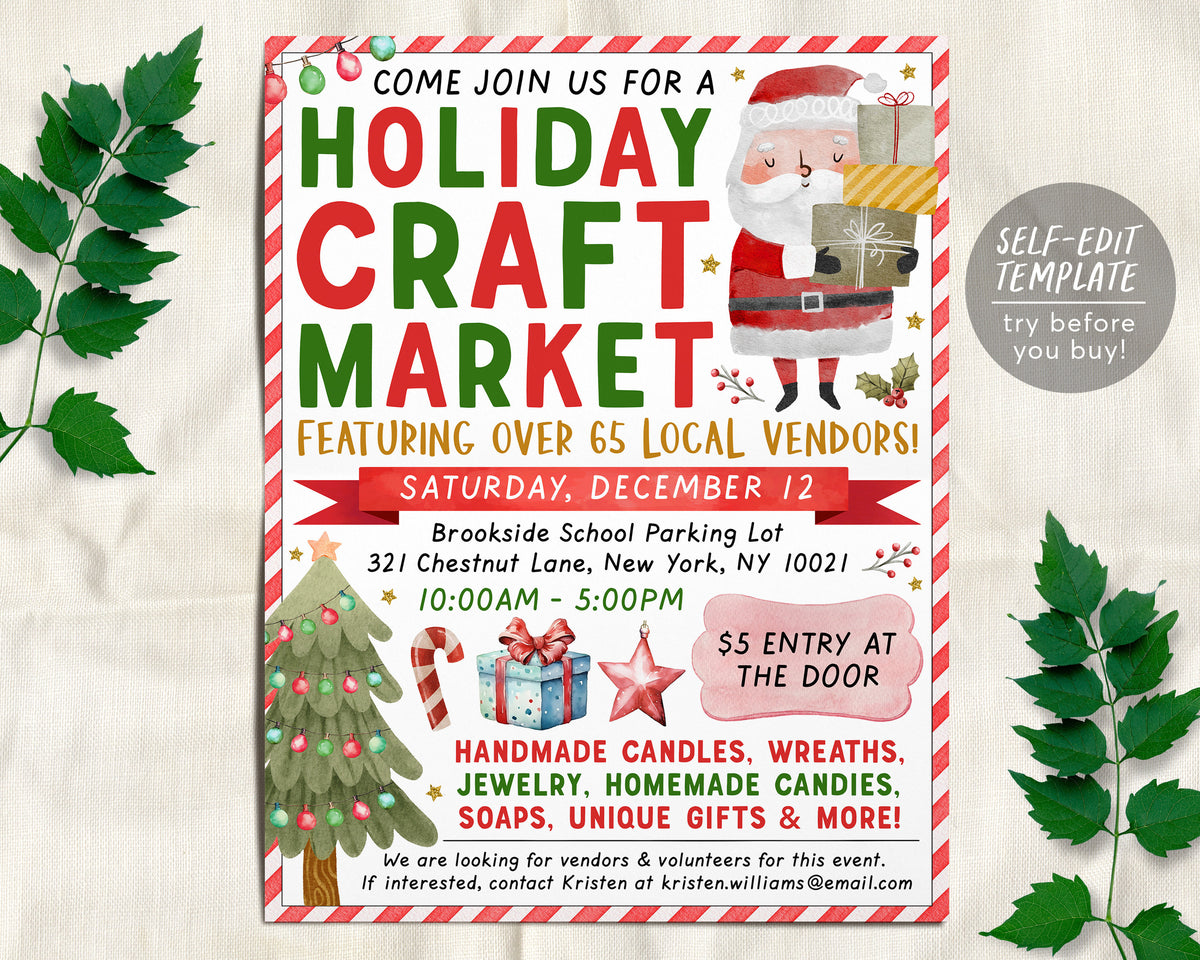 Craft Show Flyer Examples Holiday Craft Market Flyer Editable Template, Christmas Craft Show Fes ...
