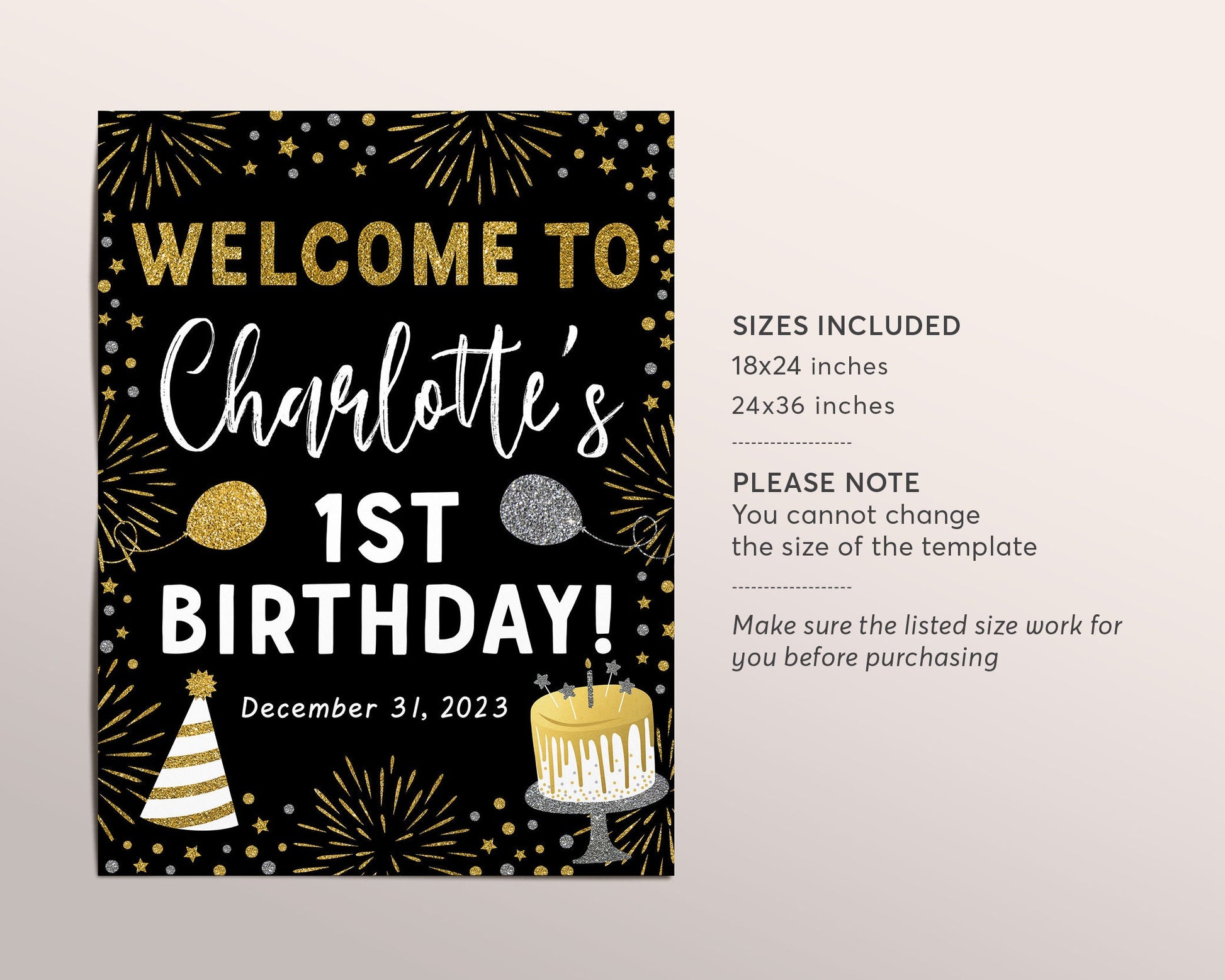 New Years Birthday Welcome Sign Editable Template, New Year Eve 1st Fi –  Puff Paper Co