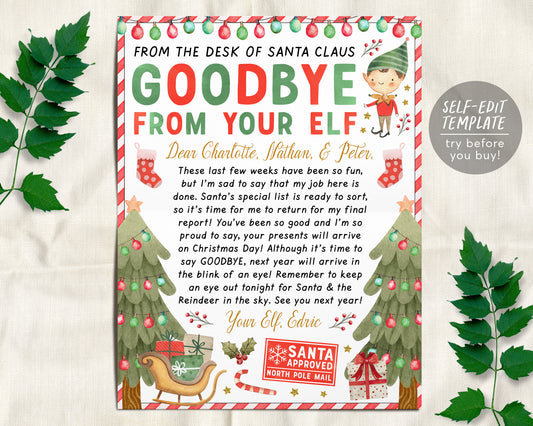 Goodbye Letter from Elf Editable Template, BOY OR GIRL Elf End of Christmas Farewell Note from Elf, Christmas Elf Traditions Hello Letter