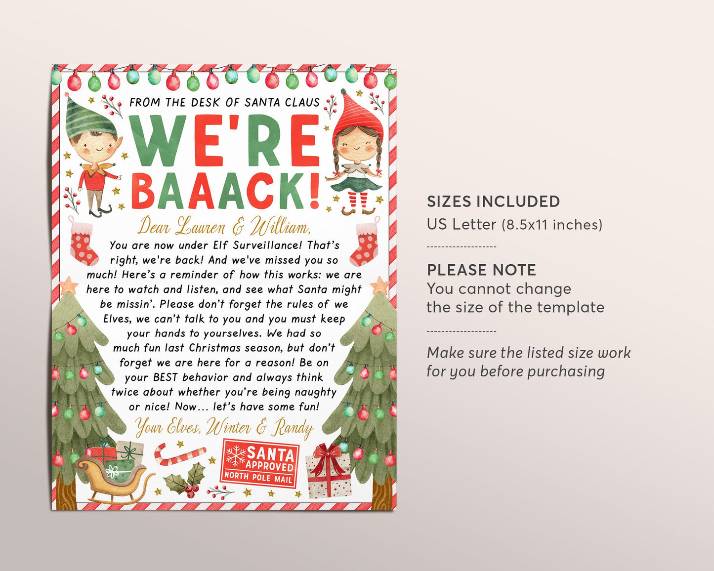 Hello Letter from Elves Editable Template, Christmas We're Back Elves Arrival Note, Elf Visiting Letter Welcome Traditions We Are Back