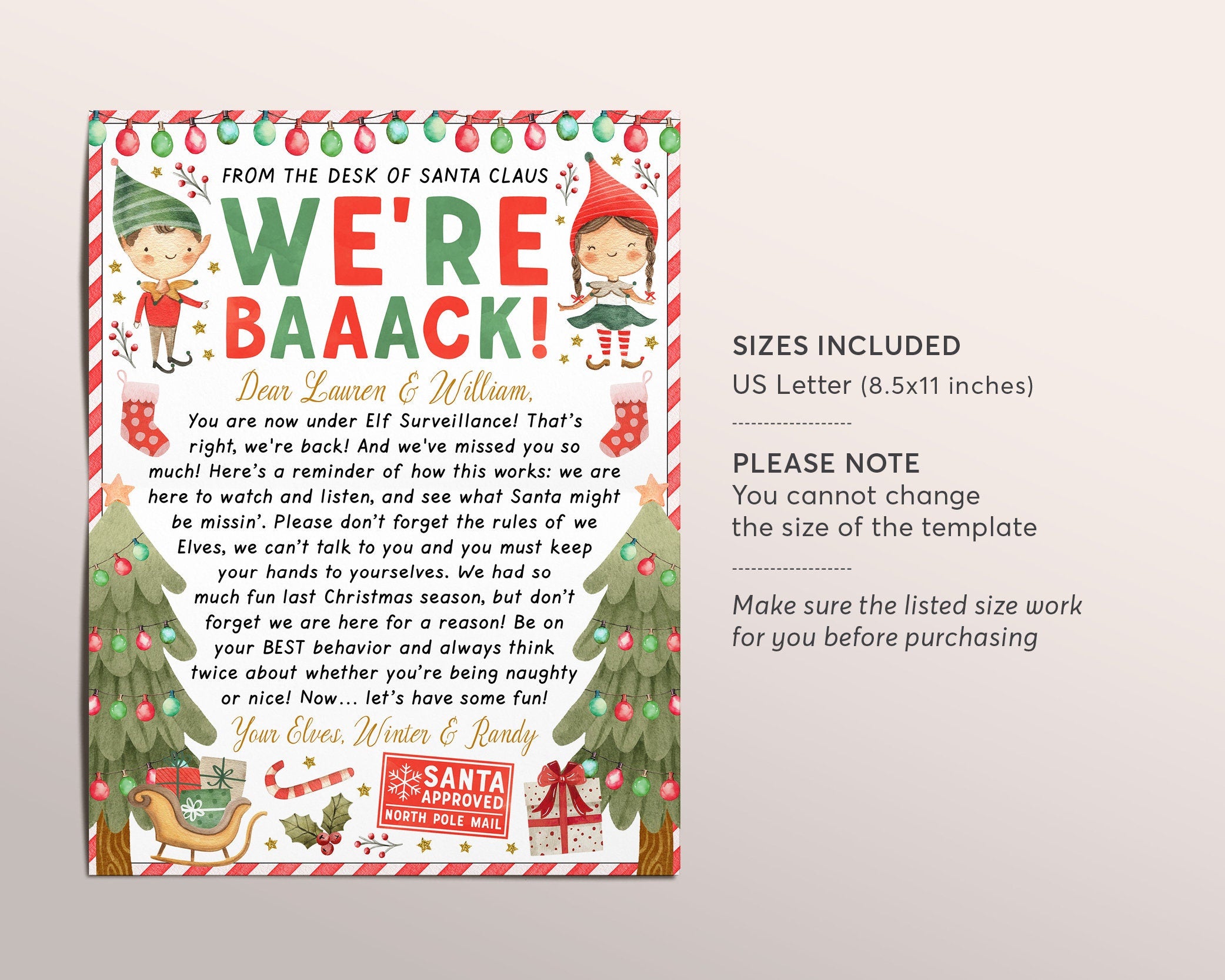 hello letter from elves editable template, christmas we're back elves  arrival note, elf visiting letter welcome traditions we are back