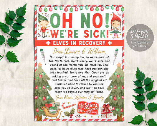 Christmas Elves Recovery Letter Editable Template, Elf Lost Magic Letter, Oh No We're Sick Elves Was Touched Letter Holiday Printable