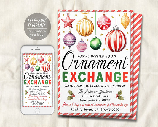 Christmas Ornament Exchange Party Invitation Editable Template
