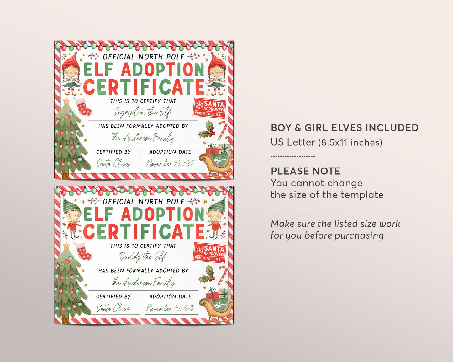 Elf Adoption Certificate Editable Template, Official Adopt Your Elves Letter, Christmas Party Photo Prop, North Pole Official Santa Mail