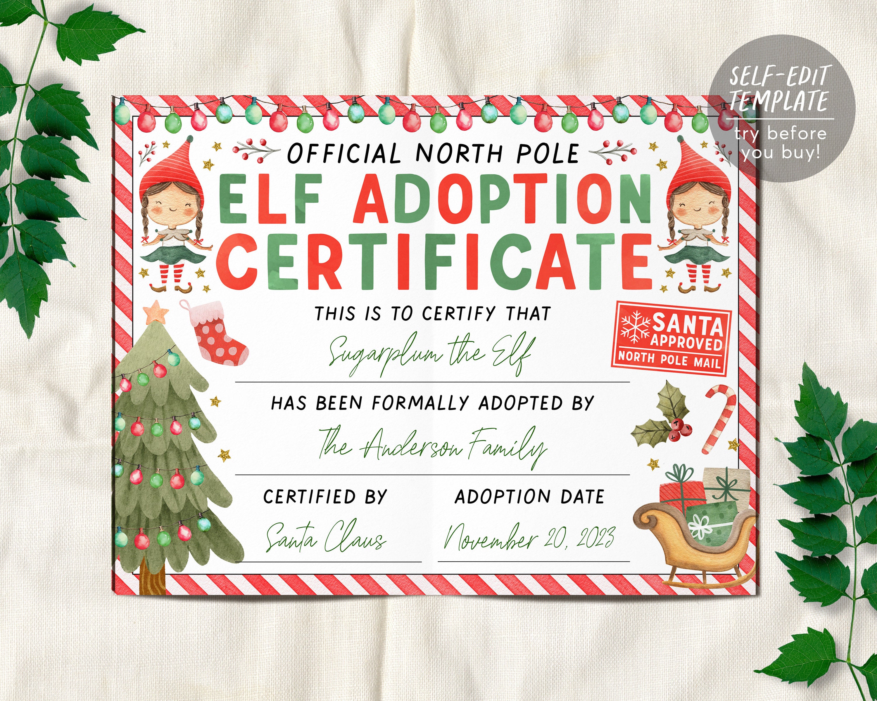 Elf Adoption Certificate Editable Template, Official Adopt Your Elves ...