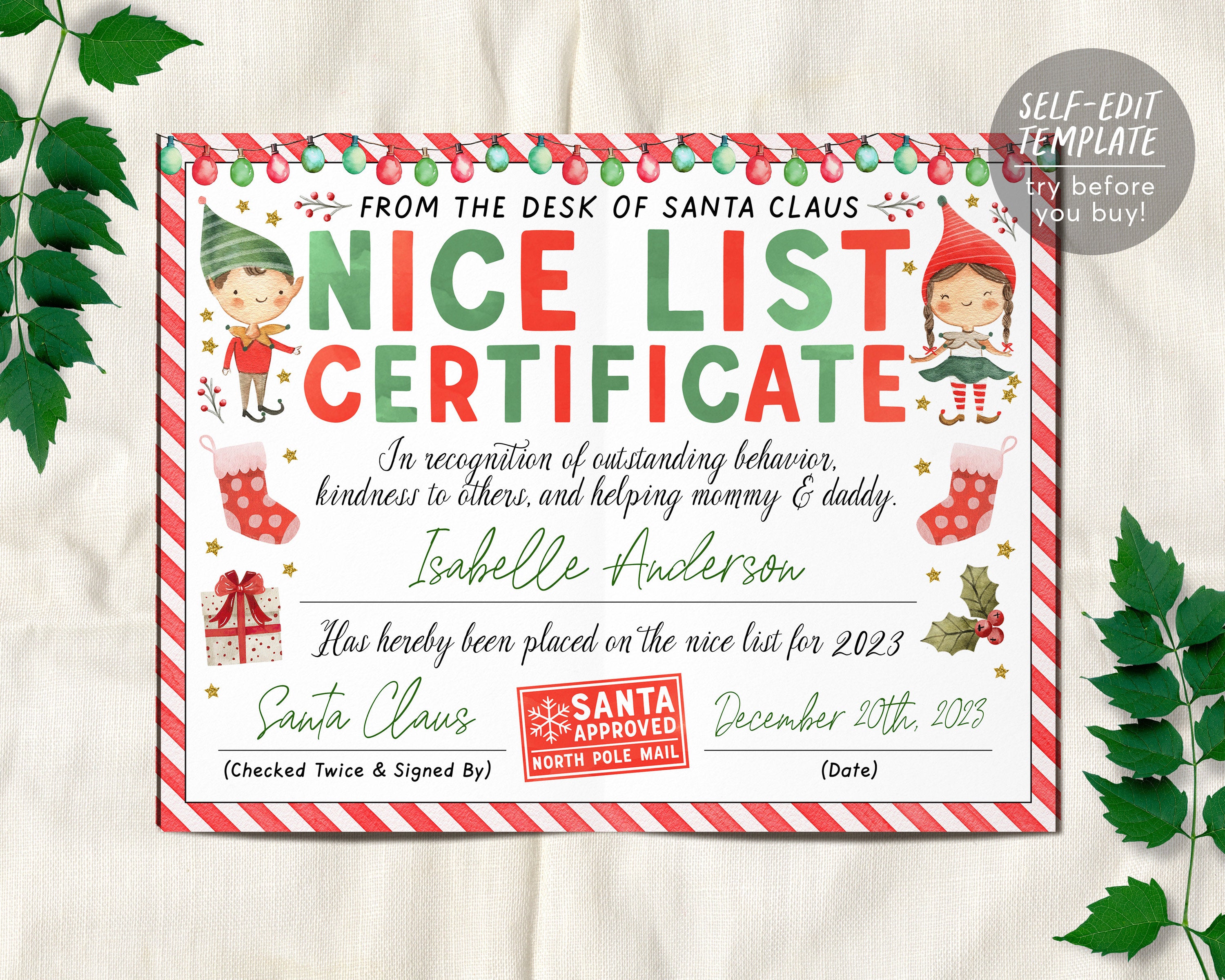 Nice List Certificate Editable Template, Santas Official Nice List App ...