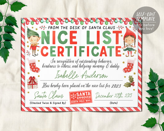 Nice List Certificate Editable Template, Santas Official Nice List Approved Letter, Elf Elves Letter, From Desk Santa Claus Christmas Eve