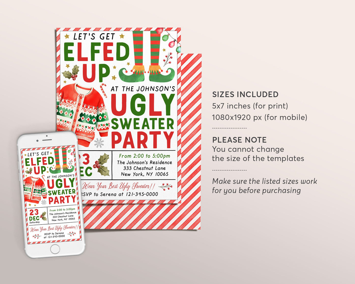 Let's Get Elfed Up Ugly Sweater Invitation Editable Template, Adult Christmas Party, Secret Elf Santa Holiday Xmas Gift Swap Party Invite