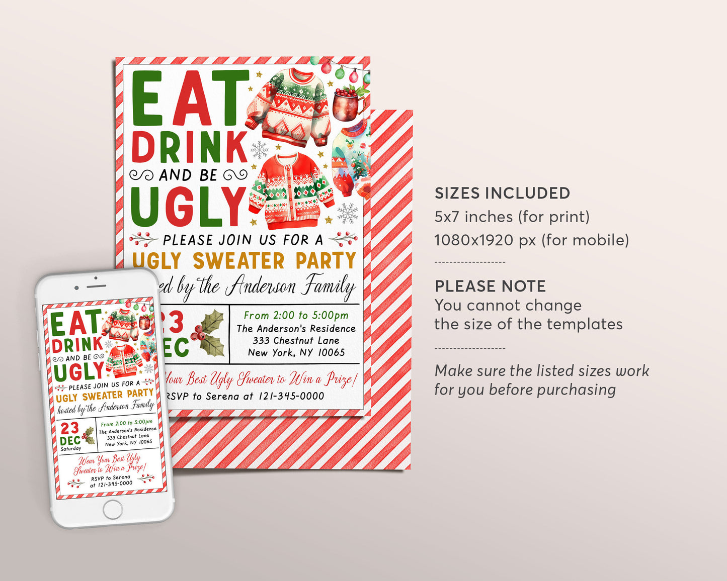 Ugly Christmas Sweater Party Invitation Editable Template, Xmas Party For Adults And Kids Invite Evite , Holiday Eat Drink And Be Ugly