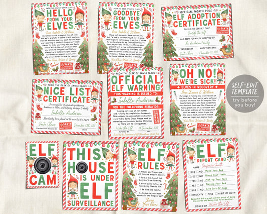 Christmas Elf Games BUNDLE Editable Template, Elves Arrival Welcome Goodbye Letter, Elf Adoption Nice List Certificate Warning Report Card