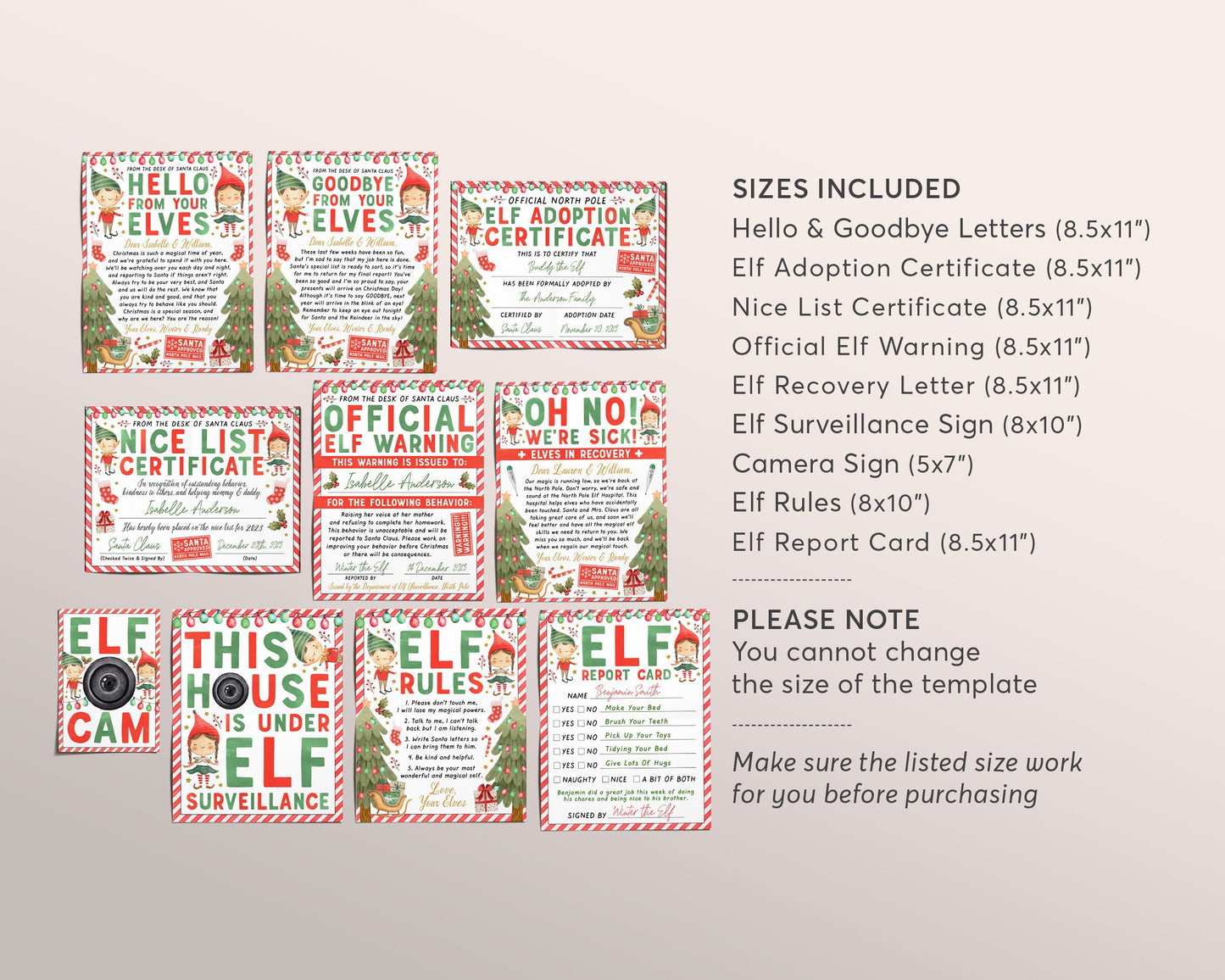 Christmas Elf Games BUNDLE Editable Template, Elves Arrival Welcome Goodbye Letter, Elf Adoption Nice List Certificate Warning Report Card