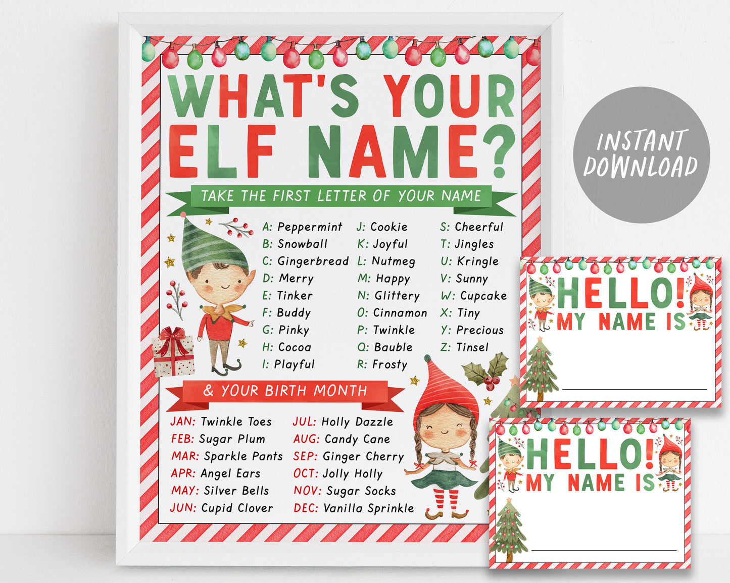 What's your Elf Name Game, Elves Christmas Party Activity Game With Name Tags Sign Printable, Christmas Eve Box Holiday Winter Activity Kids