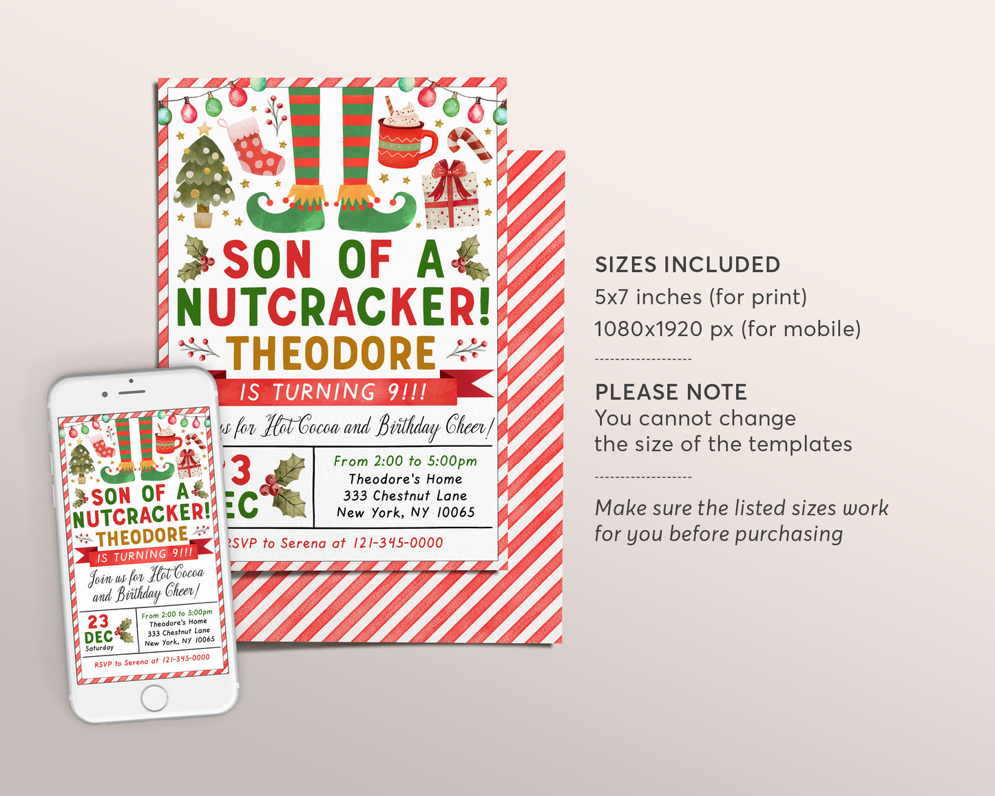 Elf Christmas Birthday Party Invitation Editable Template, Funny Christmas Son Of A Nutcracker Party Invite Kids, Elves Holiday Party Evite