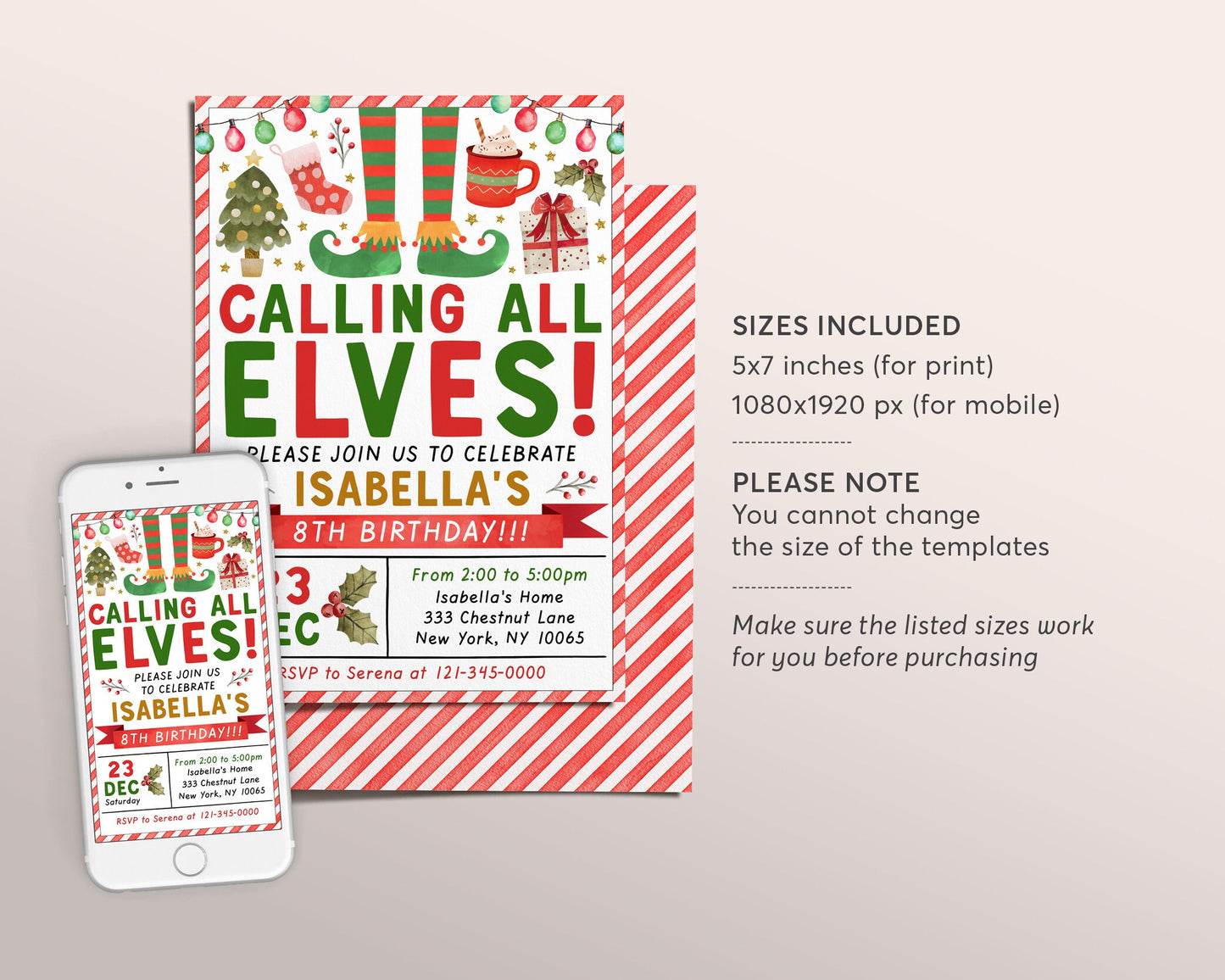 Elf Christmas Birthday Party Invitation Editable Template, Calling All Elves Party Invite For Kids, Unisex Holiday Party Evite Printable