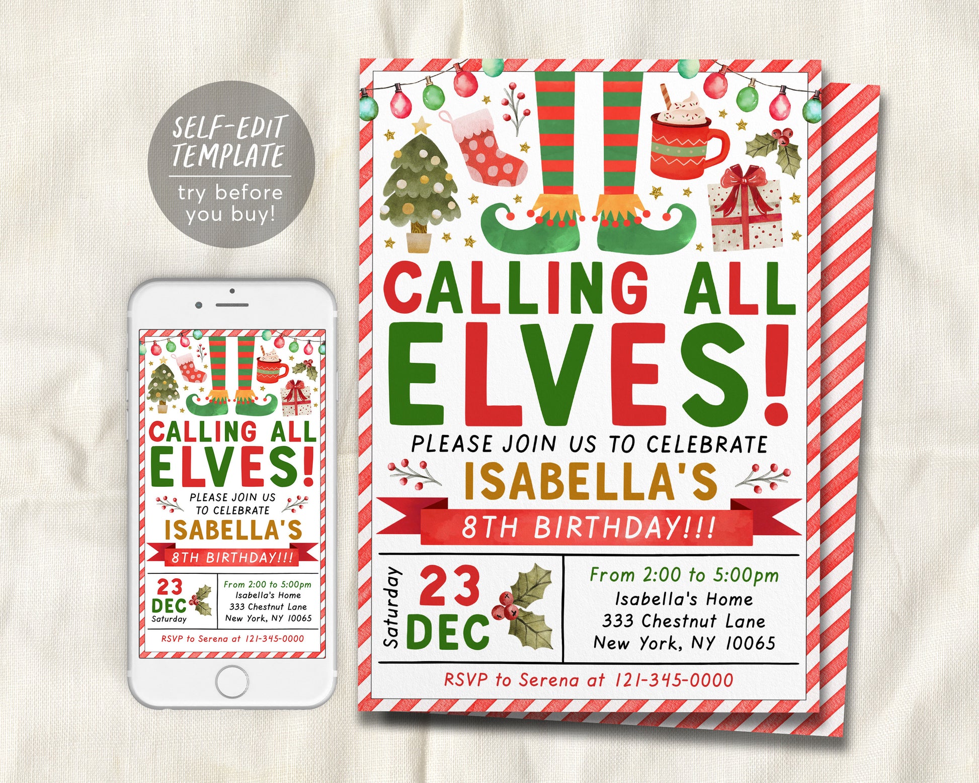 Elf Christmas Birthday Party Invitation Editable Template