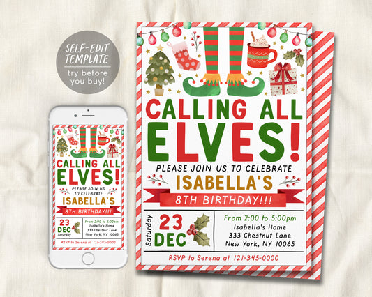 Elf Christmas Birthday Party Invitation Editable Template