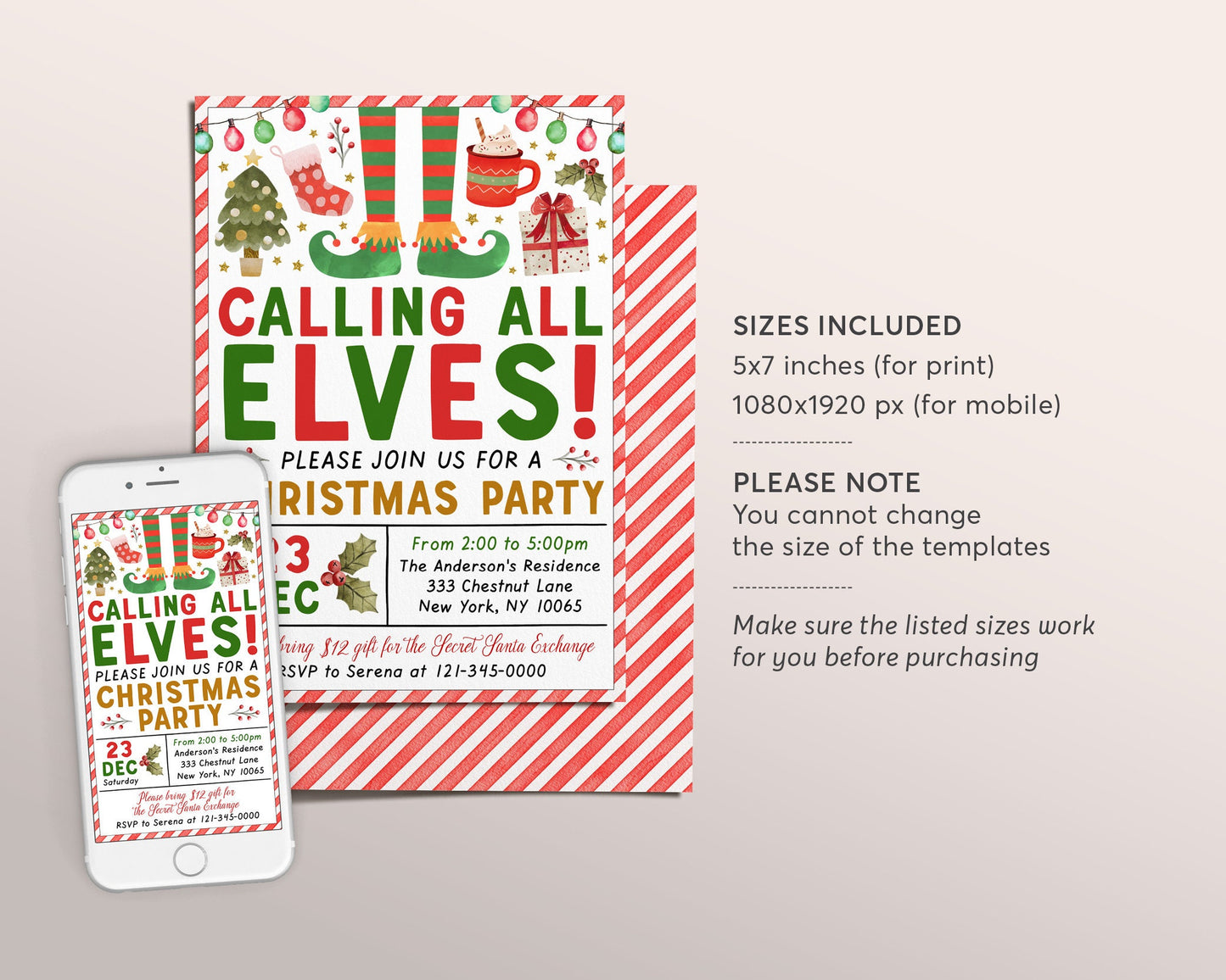 Calling All Elves Party Invitation Editable Template, Elf Christmas Holiday Invite For Kids, Elfin Good Time Printable, Instant Download