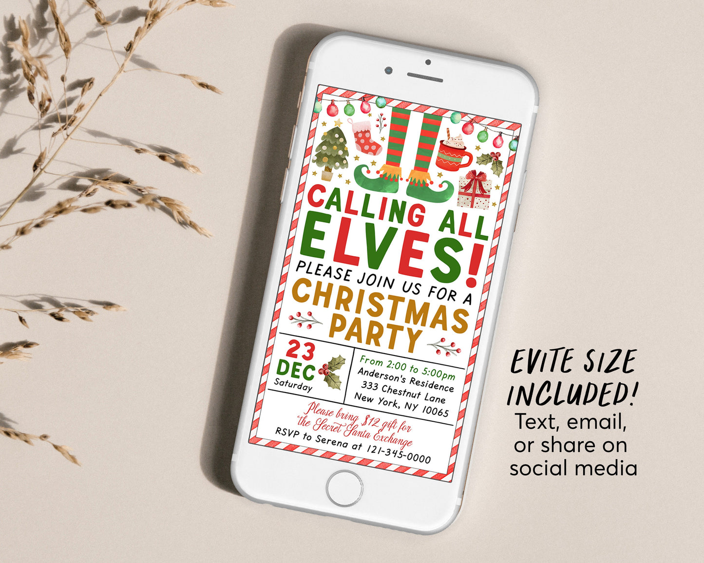 Calling All Elves Party Invitation Editable Template, Elf Christmas Holiday Invite For Kids, Elfin Good Time Printable, Instant Download