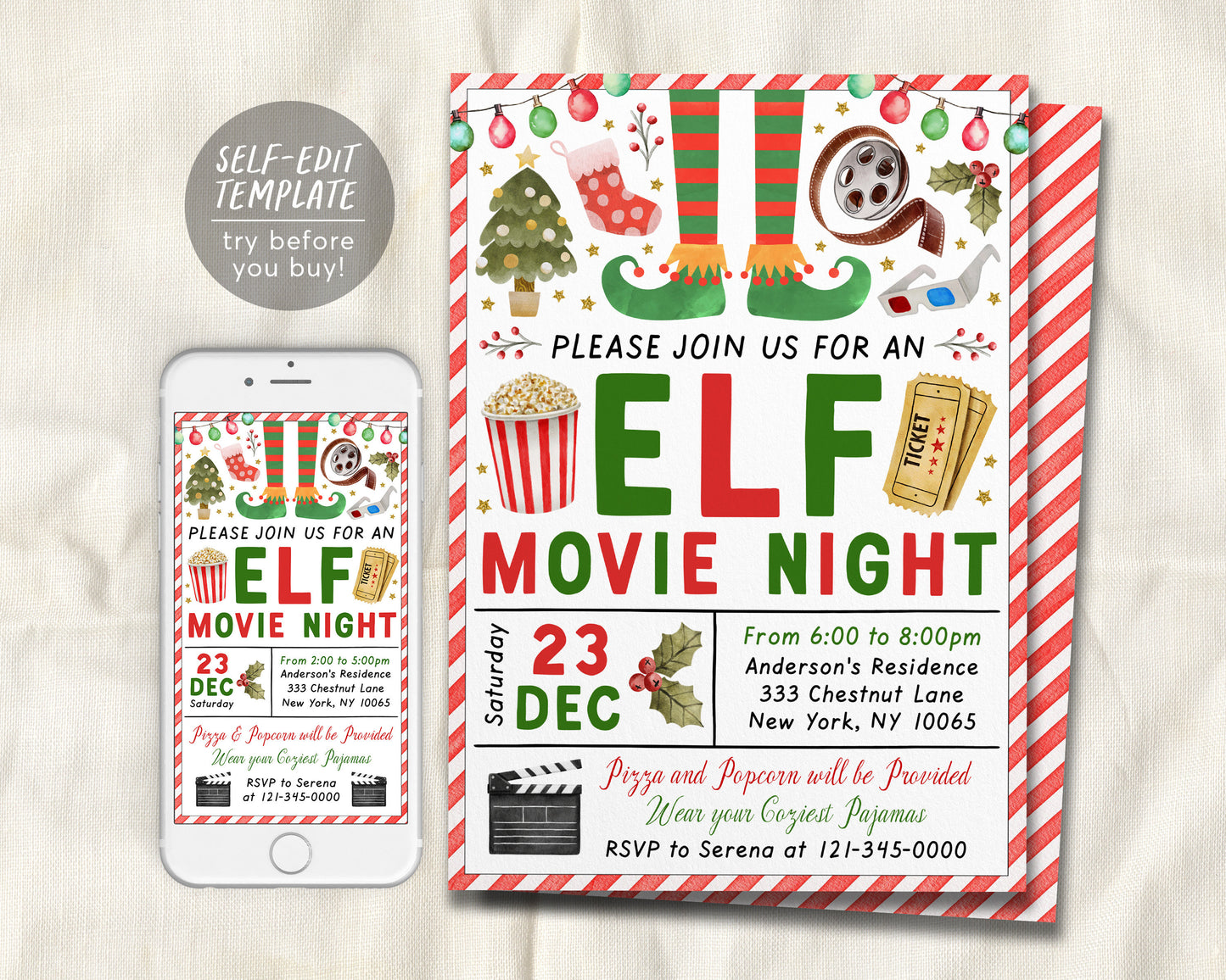 Elf Movie Night Invitation Editable Template