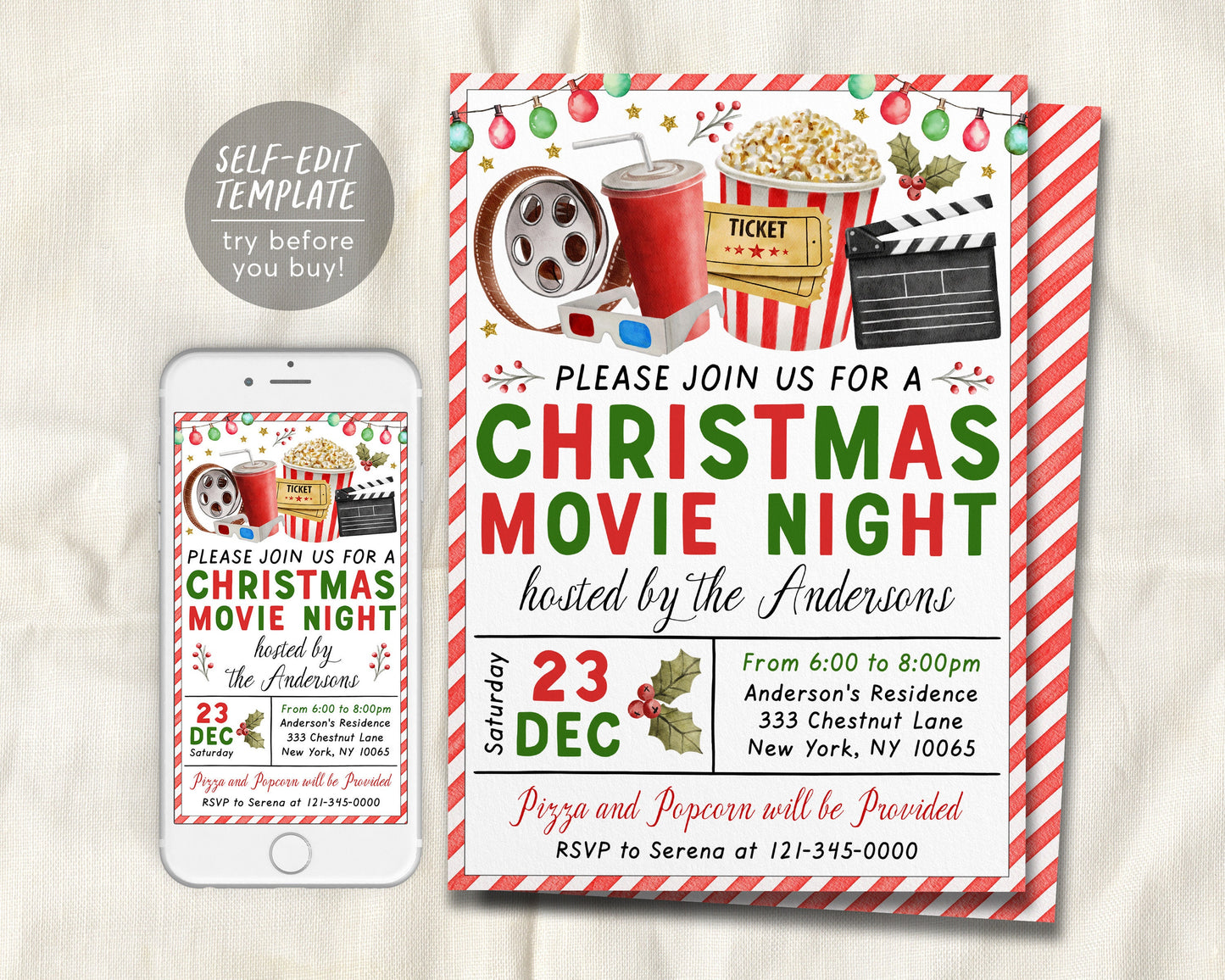 Christmas Movie Night Invitation Editable Template