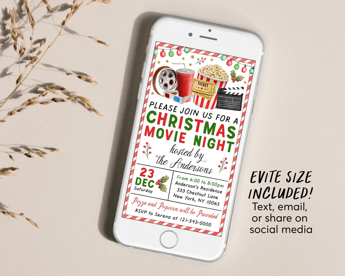 Christmas Movie Night Invitation Editable Template, Xmas Holiday Movie Party Invite Printable, Winter Outdoor Popcorn Movie, Winter Pajamas