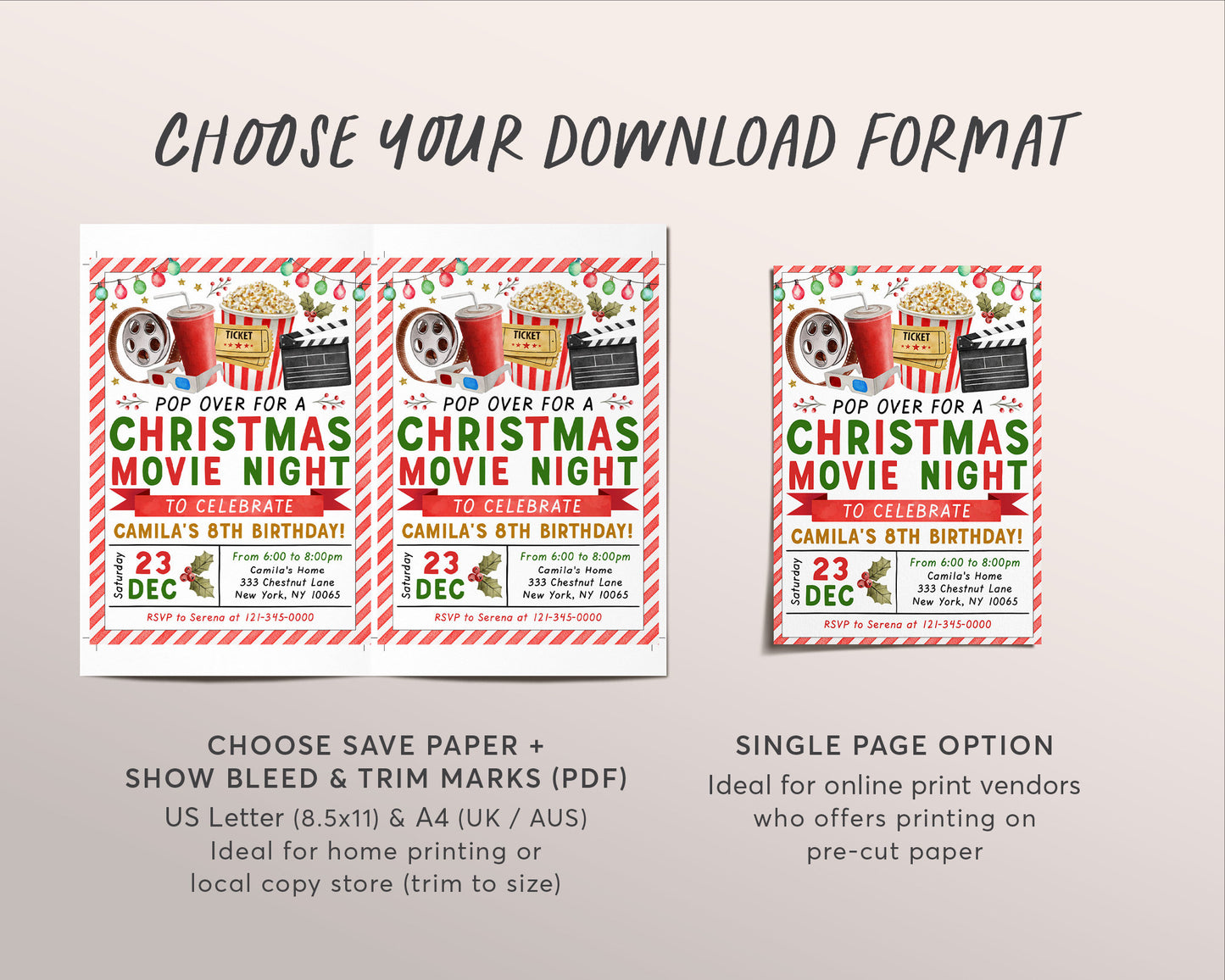 Christmas Birthday Movie Night Invitation Editable Template, Holiday Movie Party Invite Printable, Pajama Party Winter Outdoor Popcorn Movie