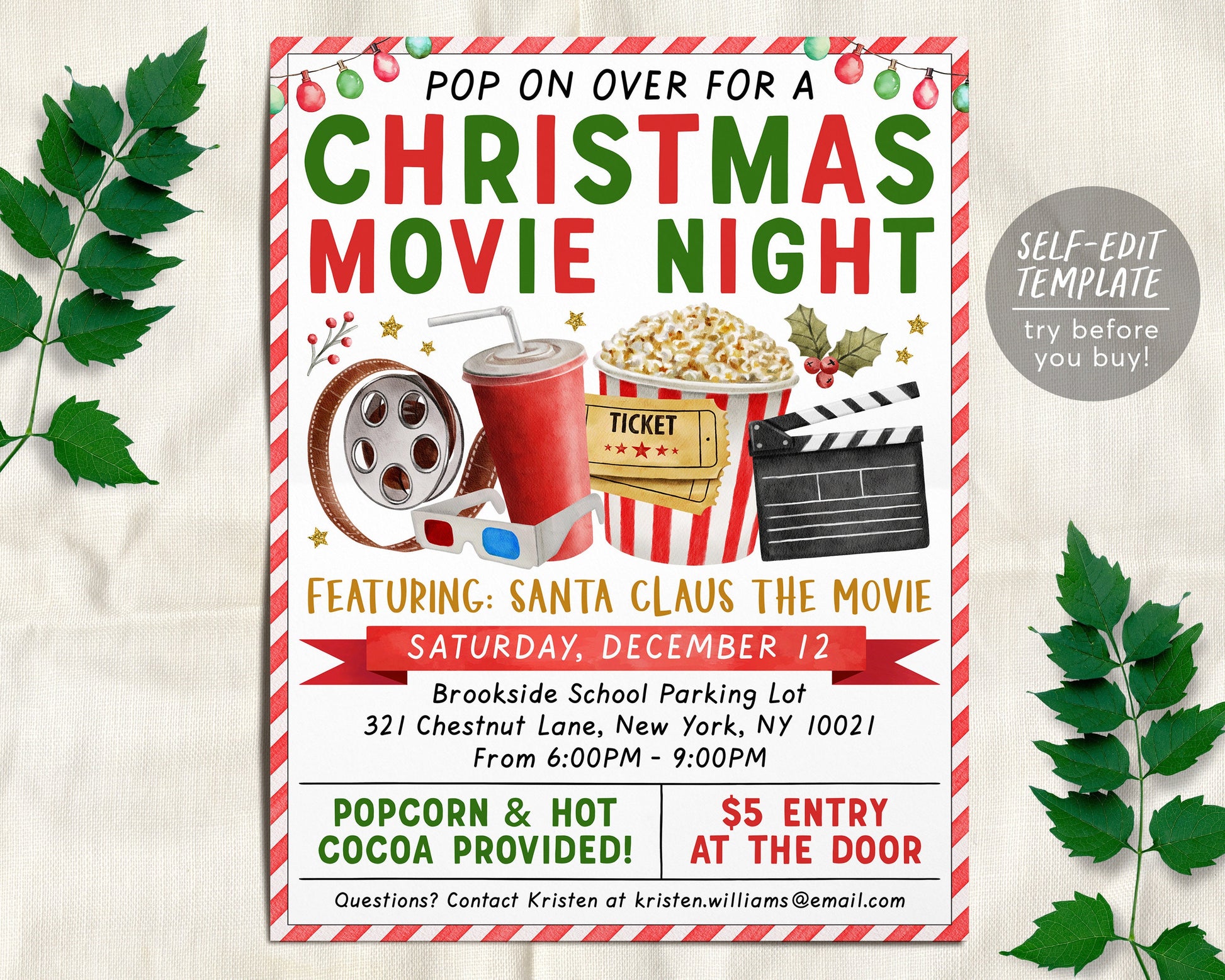 Christmas Movie Night Flyer Editable Template