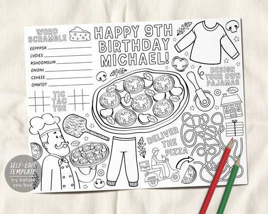 Pizza and Pajamas Party Placemat Editable Template