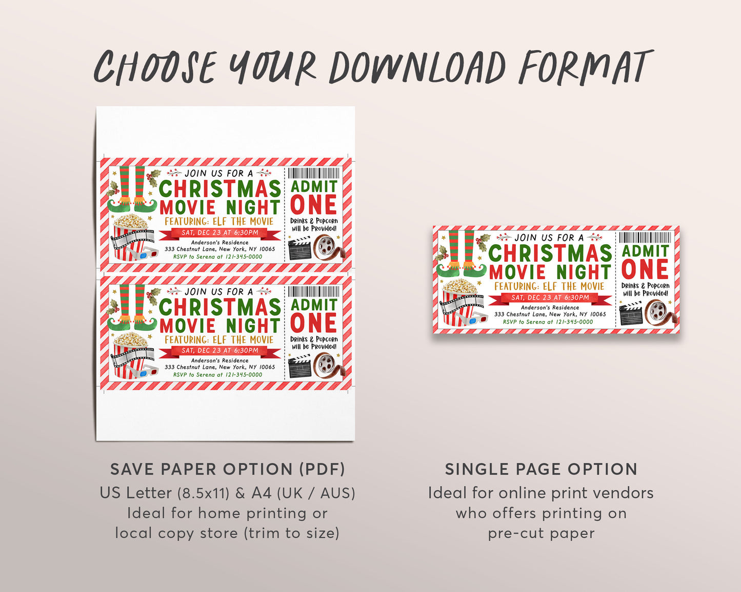 Elf Christmas Movie Ticket Invitation Editable Template, Xmas Holiday Movie Night Party Ticket Invite Printable, Winter Outdoor Popcorn DIY