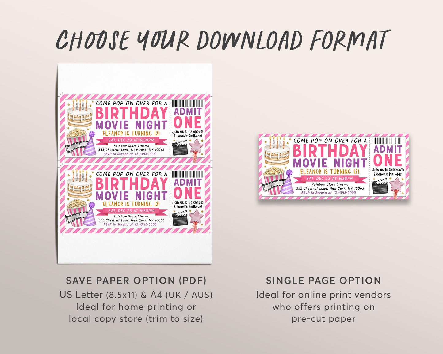 Movie Ticket Birthday Invitation Editable Template, Pink Cinema Movie Night Birthday Party Invite For Kids Printable, Pop On Over Sleepover