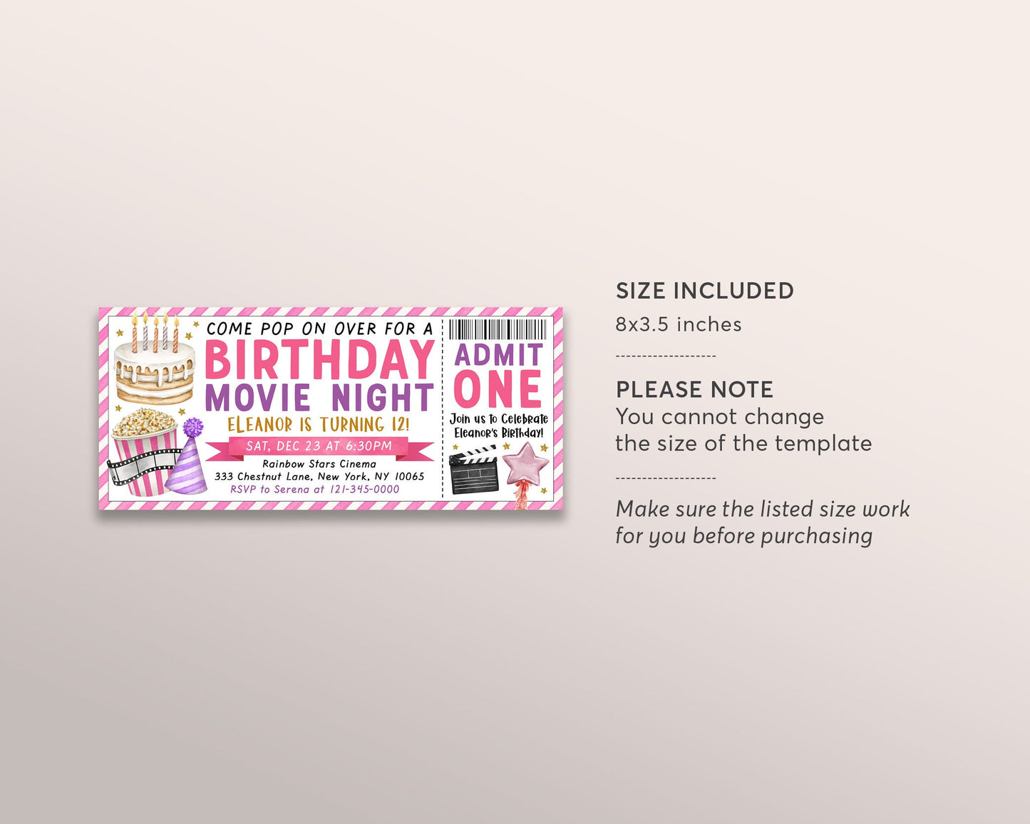 Movie Ticket Birthday Invitation Editable Template, Pink Cinema Movie Night Birthday Party Invite For Kids Printable, Pop On Over Sleepover