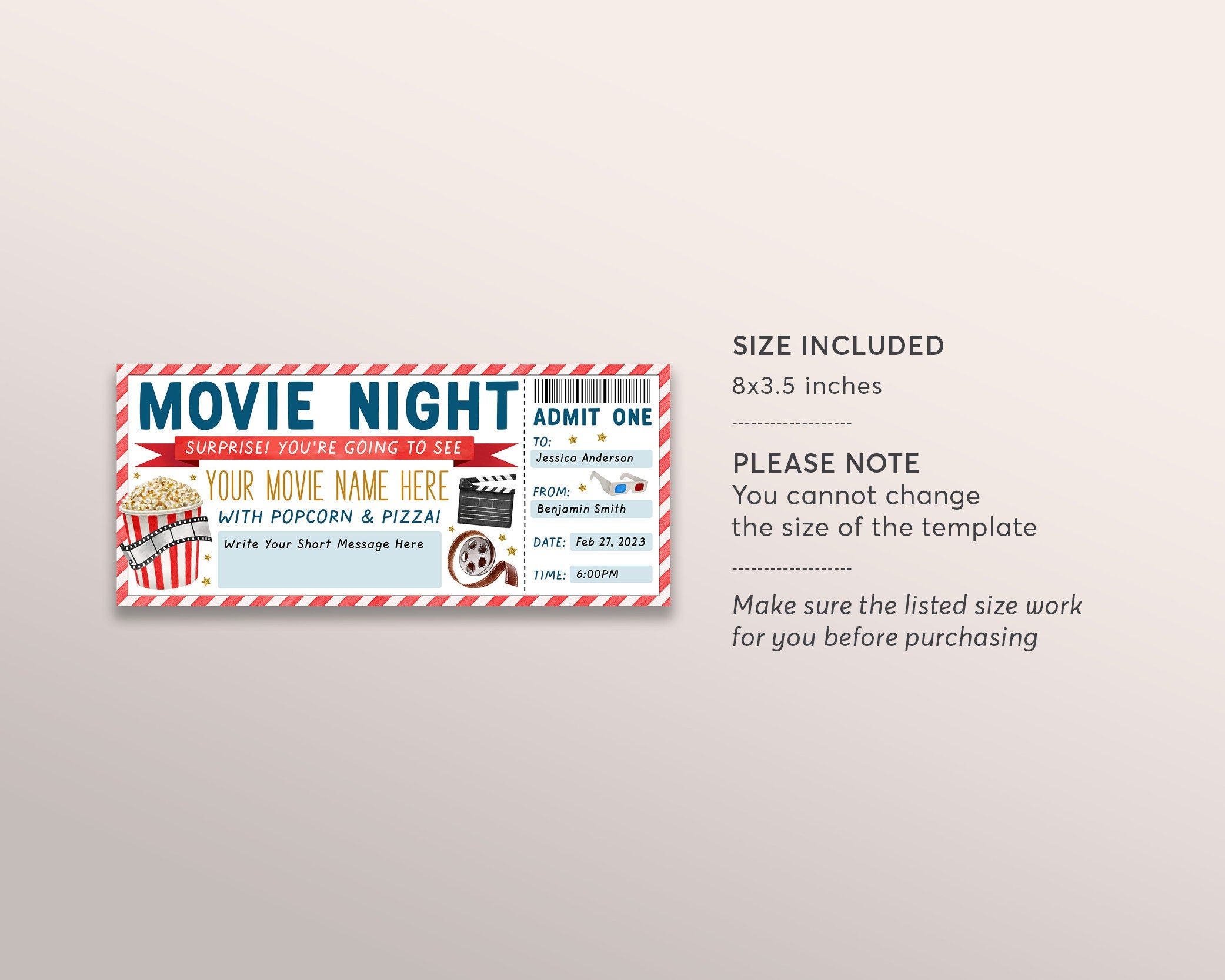 Buy Movie Ticket Template Gift Certificate Voucher Birthday Movie Night  Printable Theatre Cinema Premier DIY Coupon EDITABLE Text DOWNLOAD Online  in India - Etsy