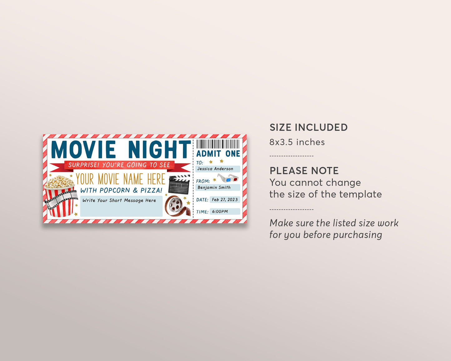 Surprise Movie Night Ticket Editable Template, Movie Gift Certificate Voucher Invitation Printable, Cinema Theater Drive-In Movie Ticket