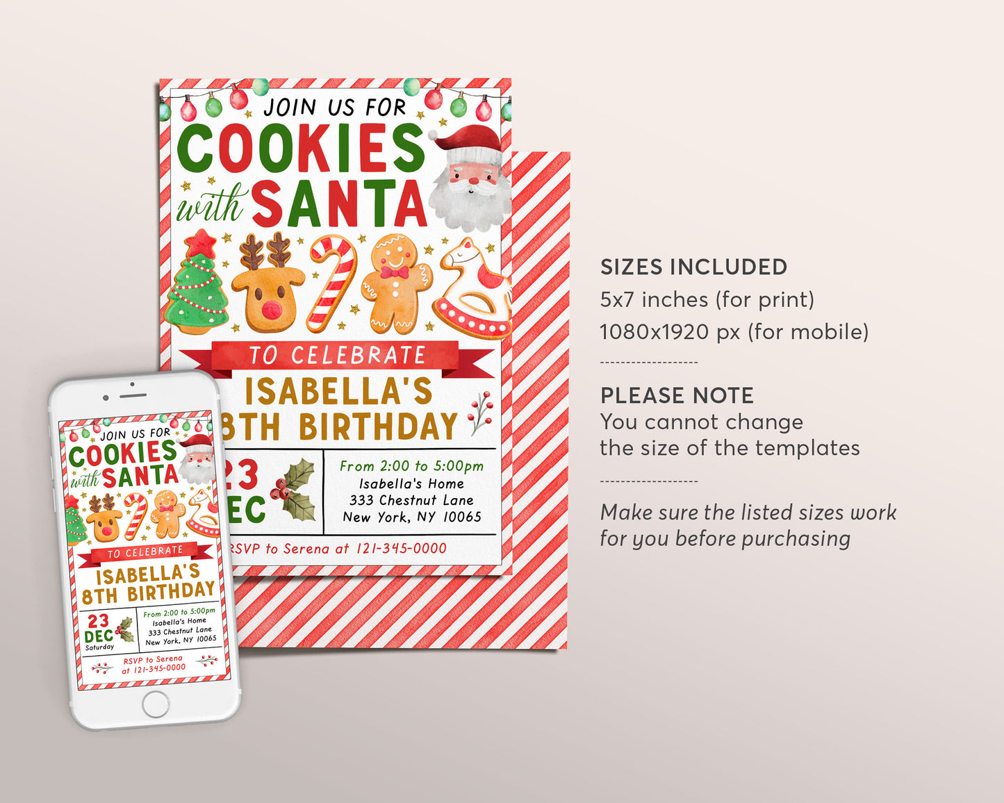 Cookies With Santa Birthday Party Invitation Editable Template, Christmas Cookies and Pajamas Invite Printable Evite Holiday Cookie Exchange