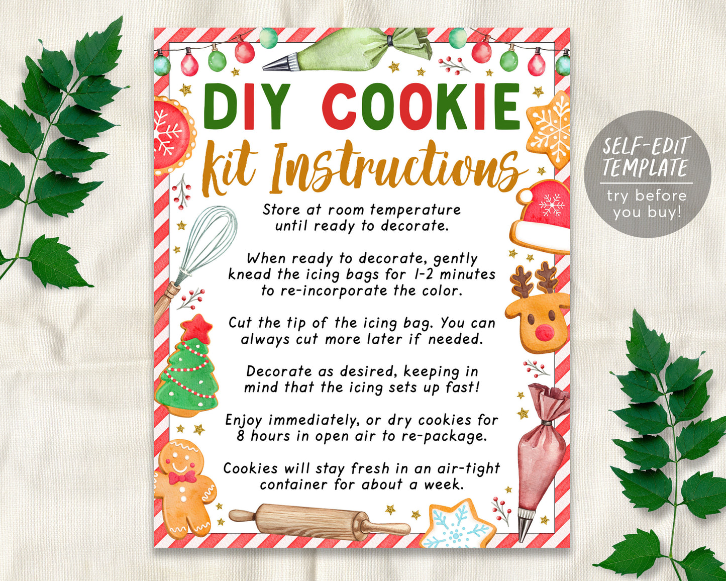 Christmas DIY Cookie Kit Instructions Card Editable Template, Xmas Hol ...