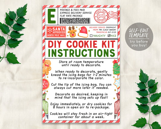 Christmas DIY Cookie Kit Instructions Card Editable Template