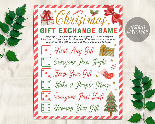 Christmas White Elephant Gift Exchange Rules Printable, Holiday Gift Swap Game For Christmas Party Family Game, Present Swap, Roll the Dice
