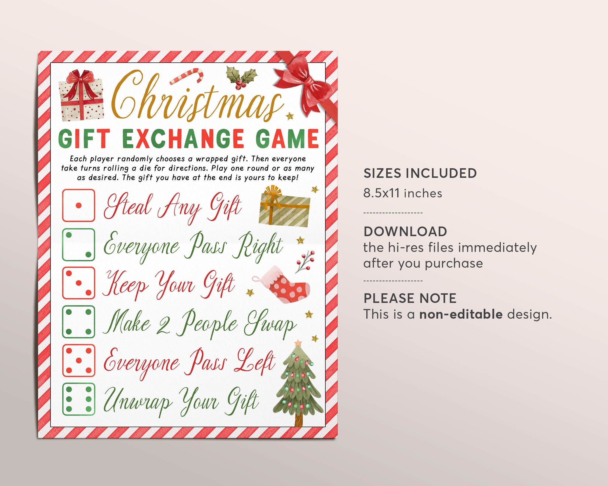 Printable White Elephant Gift Exchange Game Roll the Dice Pass the Presents  Game Rules Fun Holiday Game - Etsy